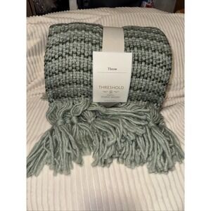 Threshold Mixed Yarn Woven Blanket Throw with Crossed Tassels‎ Multi Green- NWT
